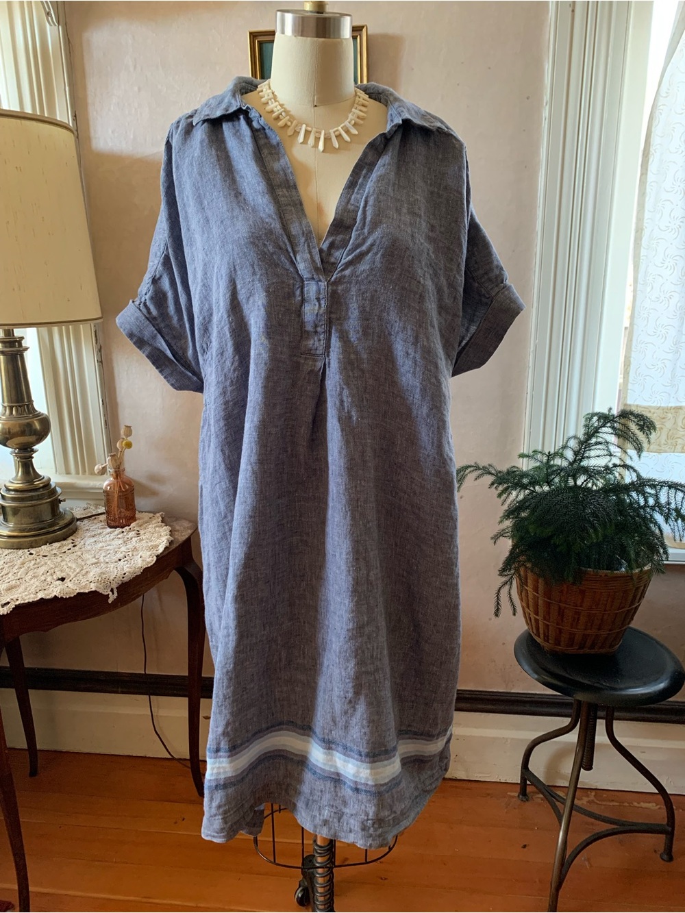 Talbots Slate Blue Linen Midi Shirt Dress